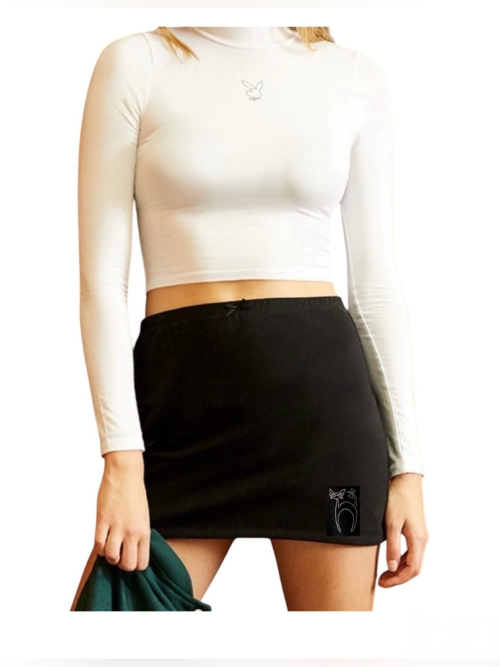 Feline Black Mini Skirt with Rhinestone Cat Detail S